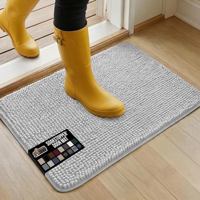 GORILLA GRIP SoakSTOPPER Dog Door Mat, 30x20 Machine Washable Rug Absorbent Doormat Captures Moisture Mud Dirt, Quick Dry Soft Chenille Entryway Rugs Indoor Entrance Mats for Dog Paws, Light Gray