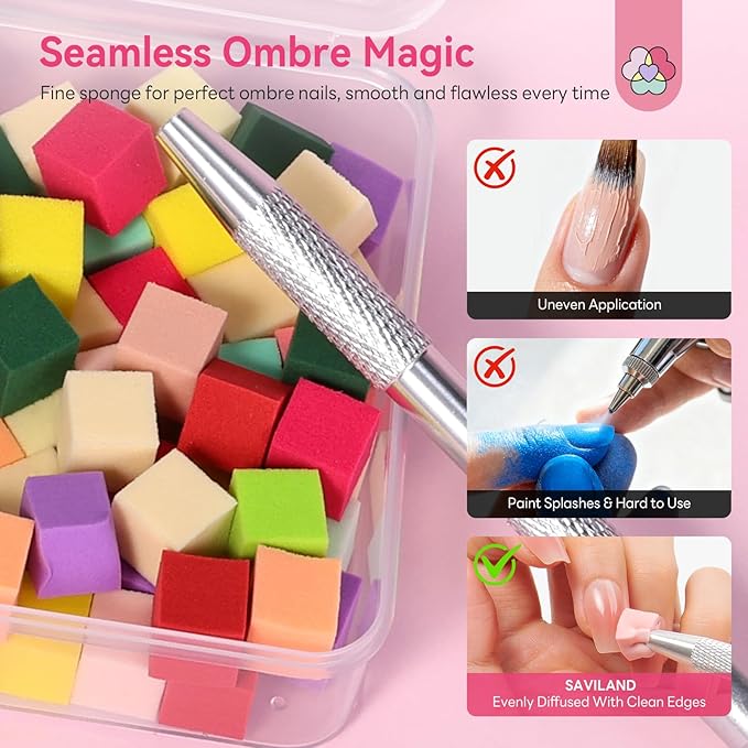SAVILAND Essentials Colorful Mini Nail Sponge: 100PCS Ombre Sponges With Grabbing Pen Soft Nail Sponges for Ombre French Tip Tools Nail Art Kit Gradient Chrome Effect Nail Art Supplies & Nails Design