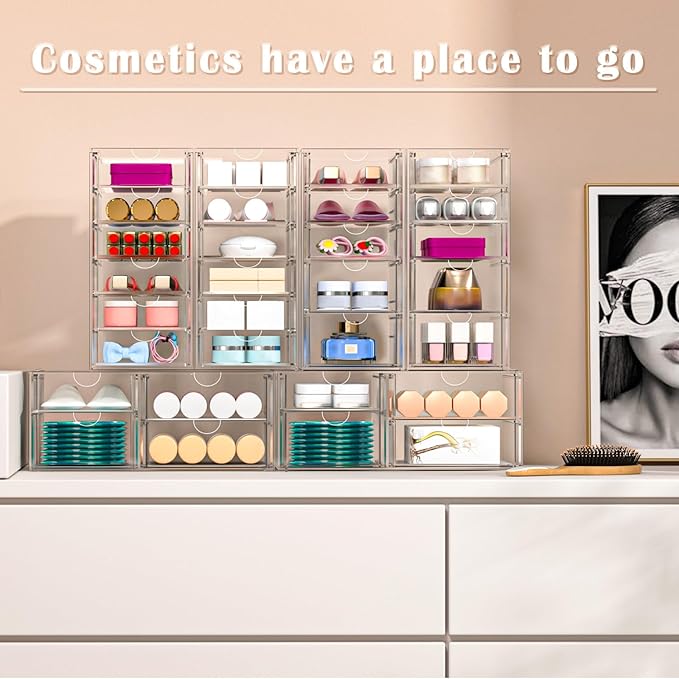 30 Drawers, Acrylic Desk Makeup Organizer, Plastic Drawers Organizer, Stackable Storage Solution for Makeup, Dresser, Office, Bathroom Clear Plastic Craft and Bead Storage Cabinet