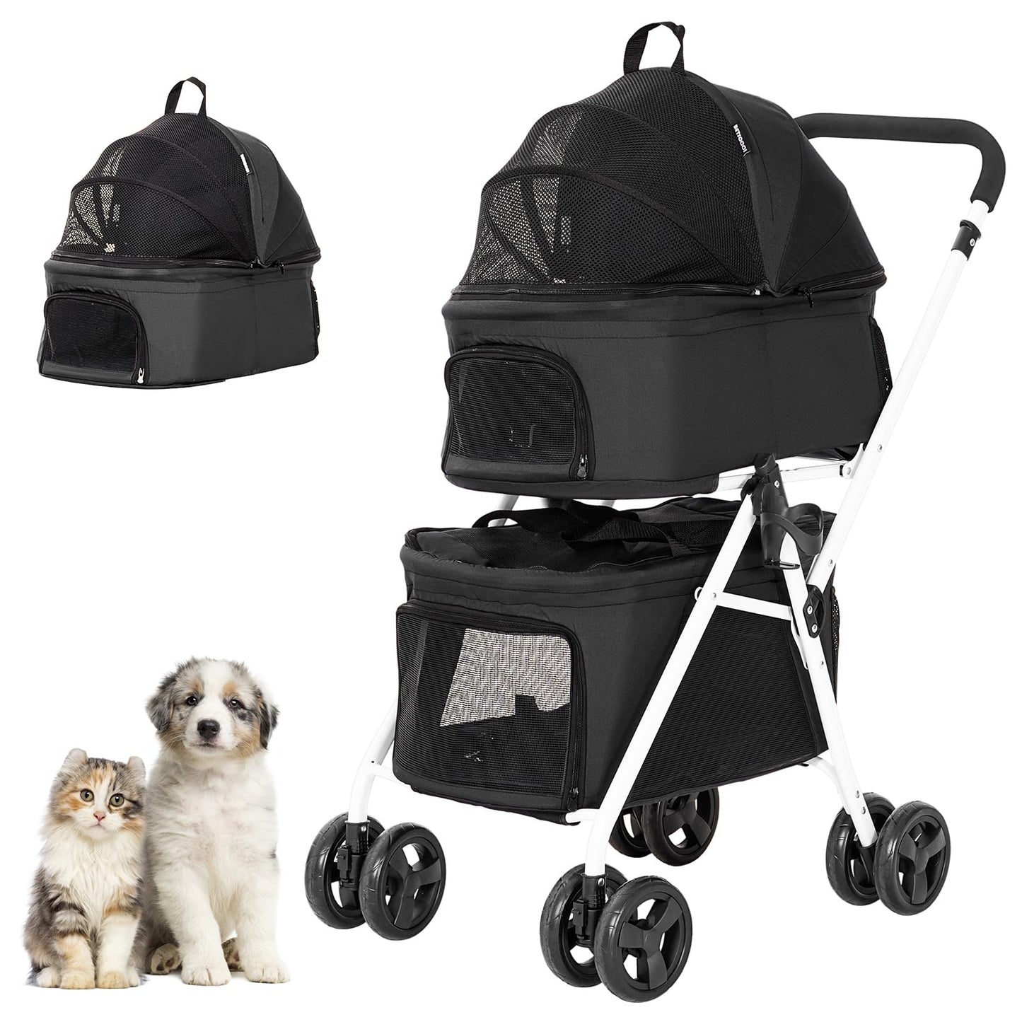 BETSOCCI Double Dog Stroller with 2 Detachable Carrier, Portable Pet Stroller for Small Dogs & Cats Folding Lightweight Puppy Travel Carriage, 4 Wheels, Black