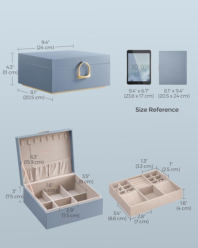 SONGMICS 2-Layer Jewelry Box, Jewelry Organizer with Handle, Removable Jewelry Tray, Jewelry Storage, Floating Effect, 8.1 x 9.4 x 4.3 Inches, Gift Idea, Misty Blue UJBC165Q01