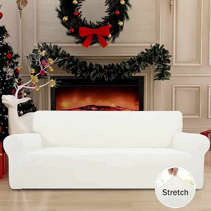 Easy-Going Stretch Oversized Sofa Slipcover 1-Piece Sofa Cover Furniture Protector Couch Soft with Elastic Bottom for Kids, Polyester Spandex Jacquard Fabric Small Checks Cream