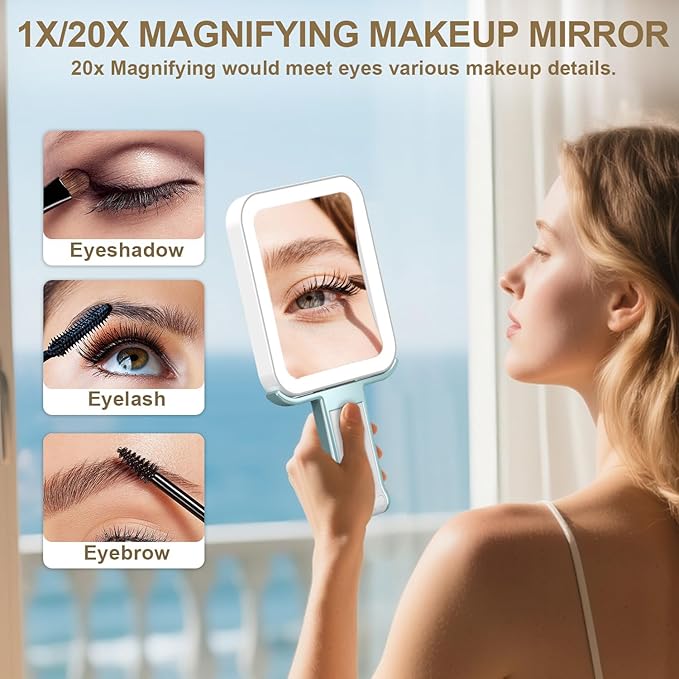 Mocado Travel Makeup Mirror with Lights,20X/1X Magnifying Mirror with Light, Double Sided Travel Mirror with 3 Color Light,Dimmable Touch, Lighted Makeup Mirror for Tabletop, Handheld, Hanging(Blue)