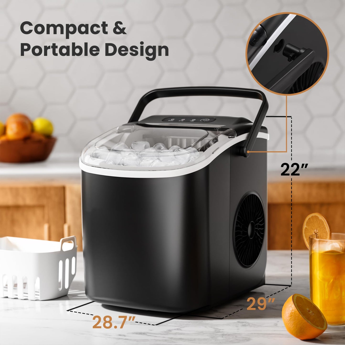 Crzoe Portable Countertop Ice Maker Machine with Handle, 9 Bullet-Shaped Ice Cubes Ready in 6 Mins, 26Lbs/24H, Self-Cleaning Function with Ice Scoop and Basket for Home/Kitchen/Party(Black)