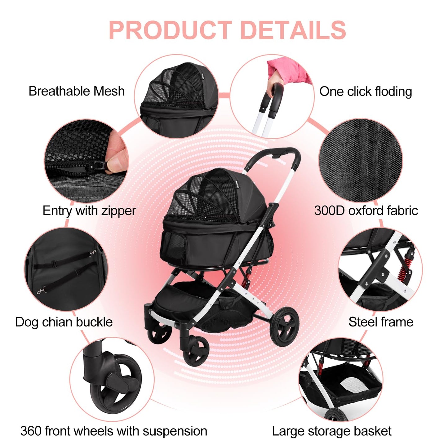 BETSOCCI Pet Stroller for Medium Small Dog & Cat, Foldable Lightweight Dog Stroller with Storage Basket Pet Travel Carriage with Safety Leashes, 4 Wheel, Black