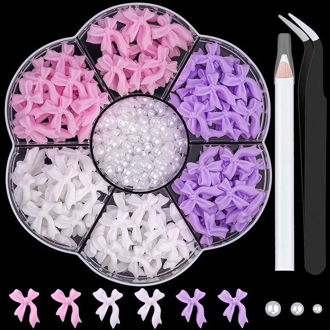 Cute Bow Charms and Flatback Pearls Set - 10, 120 Pcs Pink, White, Lilac Bow Charms + 2-4mm White Nail Pearls with Pickup Tweezer and Pencil for Nail Art Decoration
