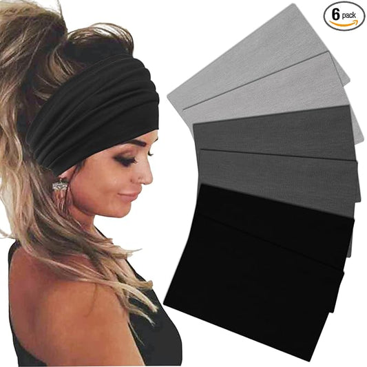Sefiinh Wide Headbands For Women Stretch Headband Boho Head Bands Women's Hair Band Turban Workout Hairband Accessories Black Gray 6 Pack