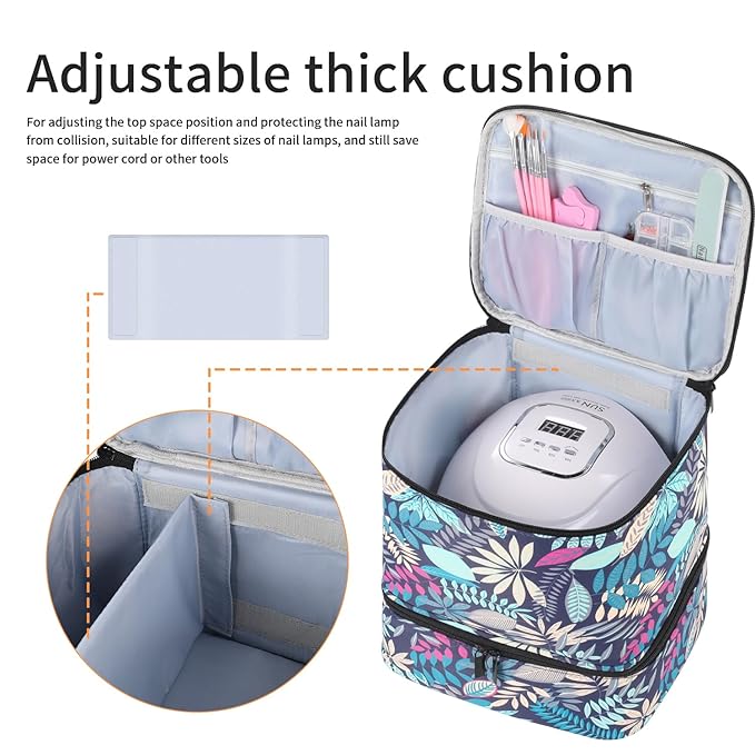Portable Nail Polish Storage Bag with UV Light Case - Holds 30 Bottles and 1 UV LED Nail Lamp, Double-Layers Nail Dryer Case for Gel Nail Polish Kit, Nail Art Decorations （Leaves）