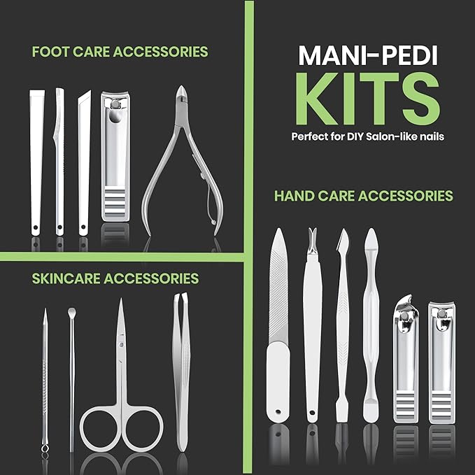 Utopia Care - Manicure Kit for Women and Men, Manicure Set with Nail Clippers or Nail Kit Includes Fingernail & Toenail Clippers,15-Pcs Pedicure Kit Stocking Stuffers with Travel Case - Green