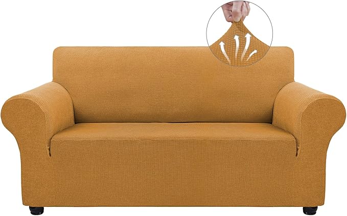 Asnomy Sofa Covers for 2 Cushion Couch Stretch loveseat Covers Slipcovers, Pet Protector Furniture Covers for Dogs Cats Spandex Jacquard Fabric Small Checks （Medium， Golden）