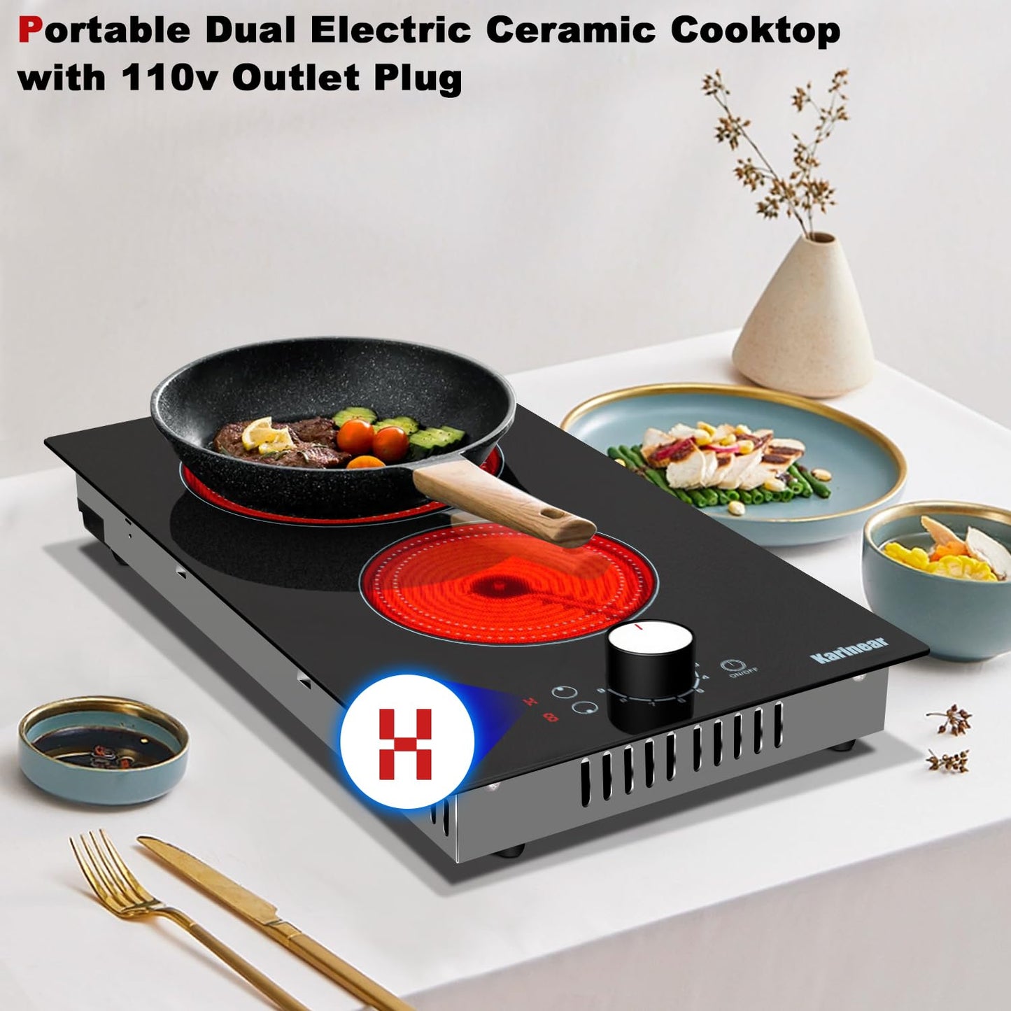 Karinear 110V Electric Cooktop 2 Burners, 19 Inch Electric Stovetop Knob Control, 110v Outlet Plug, Countertop Use or Built-in Radiant Ceramic Cooktop, 9 Power Level