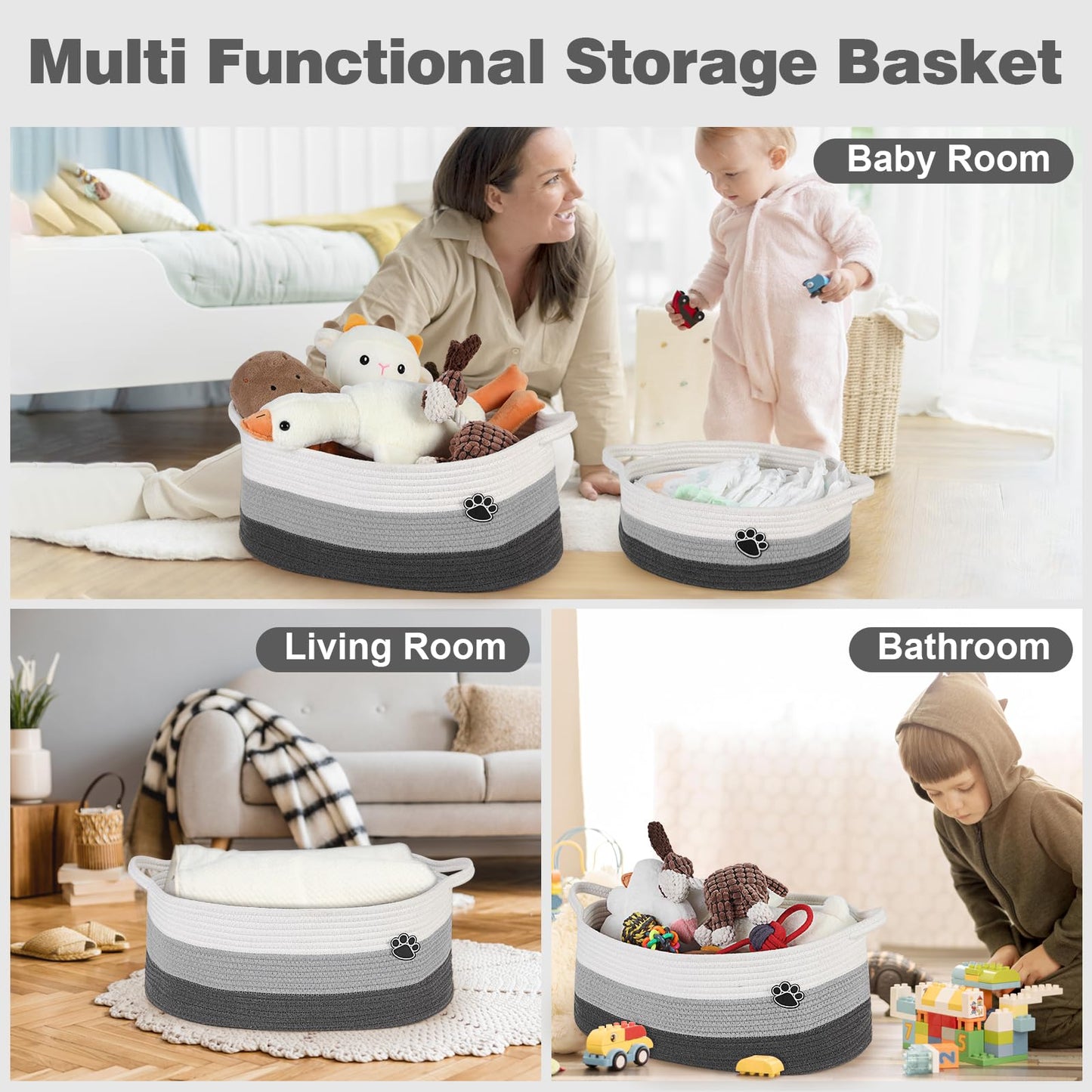 Optish Dog Toy Basket, Toy Box and Bin for Dog Cat Storage, 19.7" X 11" X 7.9" (30L) Large Woven Basket for Blanket Storage, Rope Baskets for Living Room, Bedroom, White & Grey