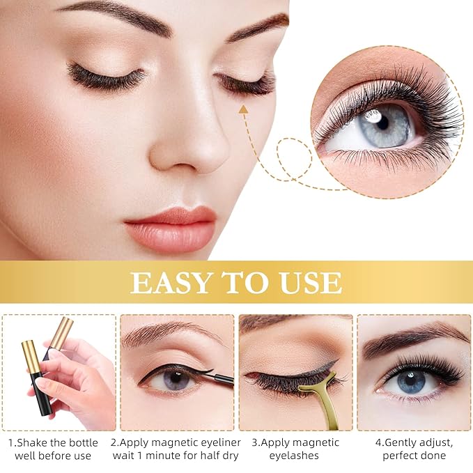 Magnetic Eyelashes, 14 Pairs False Lashes with 3 Tubes of Magnetic Eyeliner, Magnetic Lashes, Natural Look Kit with Tweezers, Reusable, No Glue