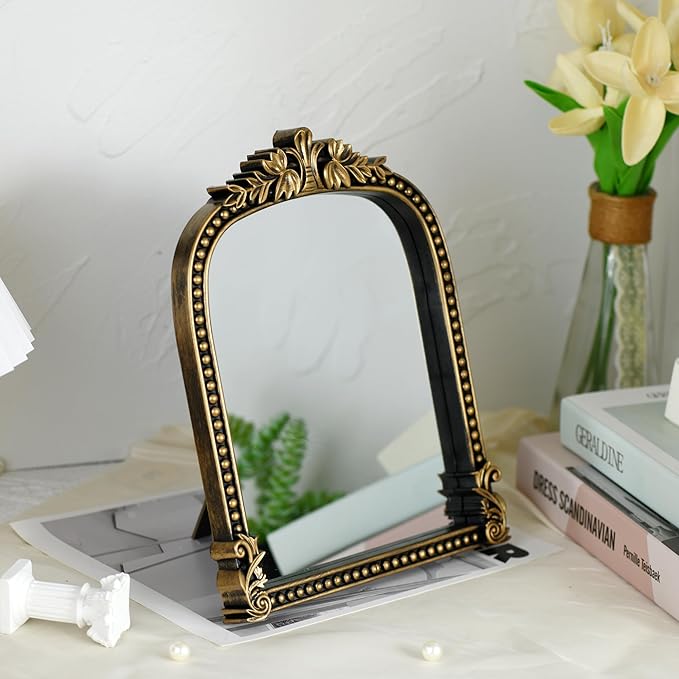 Vintage Gold Plastic Arched Makeup Mirror, Standing, Hanging or Wall Mount, Bathroom, Living Room, Bedroom Decorative Mirror (Bronze-10.6x8.6 inch)