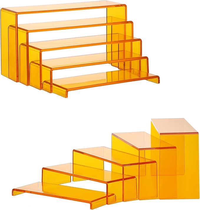 Goabroa Display Risers, 2 Sets 5 Tier Rectangular Risers Display Stands, Display Shelves for Figures, Cupcake, Perfume Display, Transparent Orange