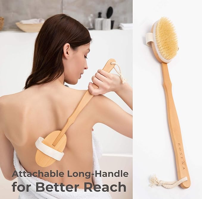 Dry Brushing Body Brush Set Ã¢ÂÂ Natural Bristle Spa Exfoliator Kit with Face Cleansing Brush, Long Dry Brushing Body Brush for Lymphatic Drainage & Massaging Cellulite Brush for Smooth, Radiant Skin