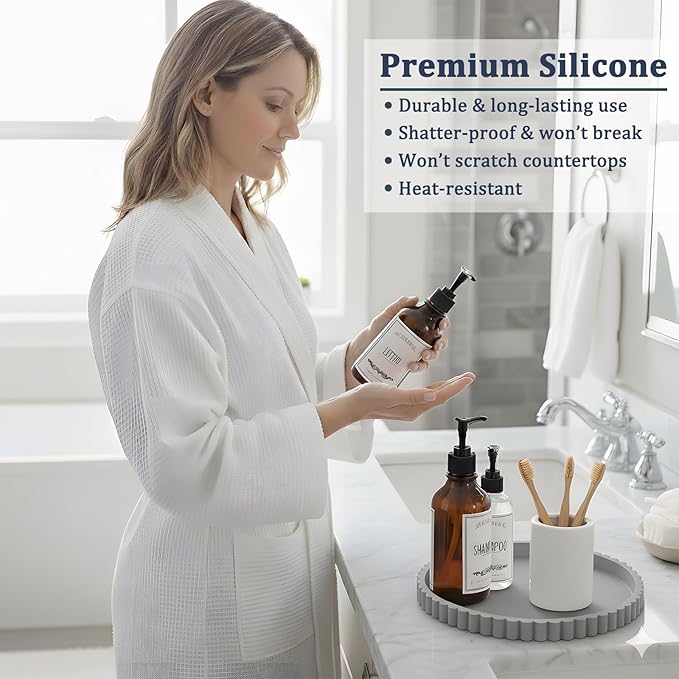 HighHerz Silicone Bathroom Countertop and Vanity Tray, Round Silicone Bathroom Tray, Modern Bathroom Decor, Coffee Table Decor, Decorative Tray for Candle, Perfume, Plants (Grey, 9 inch)