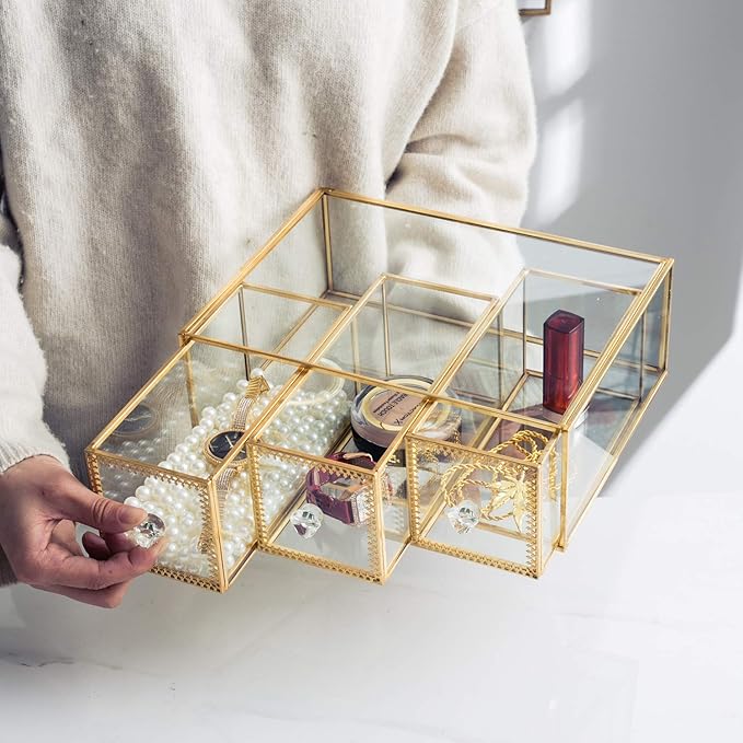 Antique Beauty Display Jewelry Case Holder Clear Glass 3 Drawers Palette Organizer, Cosmetic Storage, Makeup Container 3 Cube Holder/Beauty Dresser Vanity Cabinet Decorative Keepsake Box