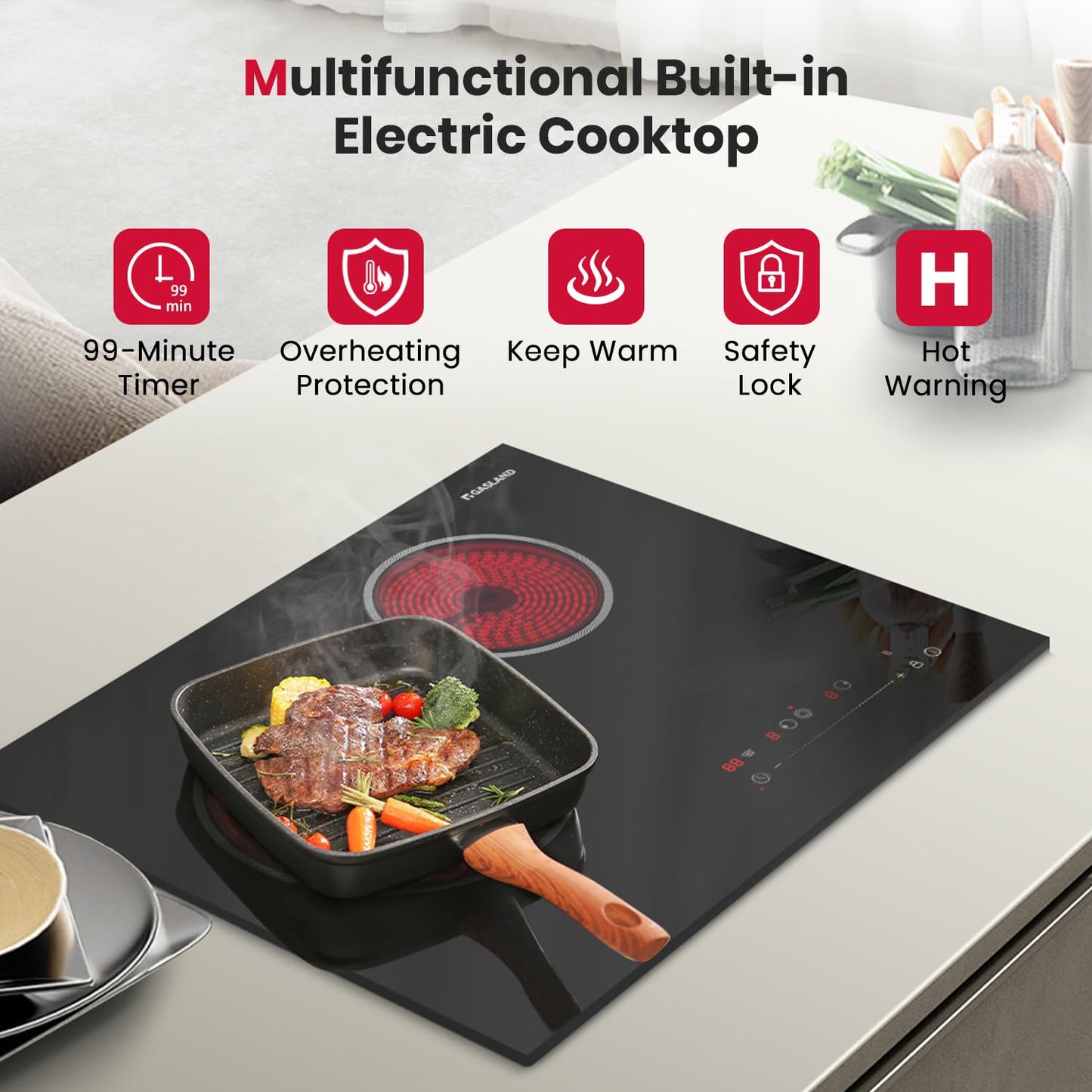 GASLAND 21 Inch Electric Cooktop for Apartment, ETL Certificated 2 Burners, 3700W Built-in Radiant Stove Top With 16 Power Levels, 240V Ceramic Stovetop, Slide Touch Control