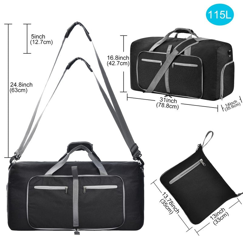 Felipe Varela 65L Duffle Bag with Shoes Compartment, Foldable Waterproof Travel Duffel Bags Duffle Overnight Weekend Travel Gym Bag for Men Women(Black)