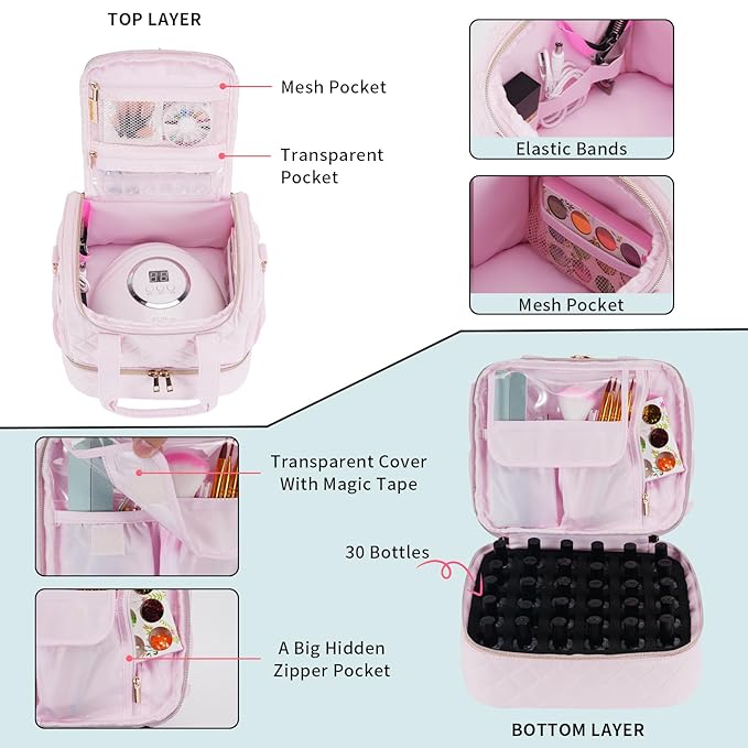 Nail Polish Organizer Case Fits Nail Lamp and 30 Bottles,Nail Organizers and Storage for Nail Tech Travel,Pretty Nail Polish Storage Bag Fits Nail Kit & Manicure Tools (Patented)