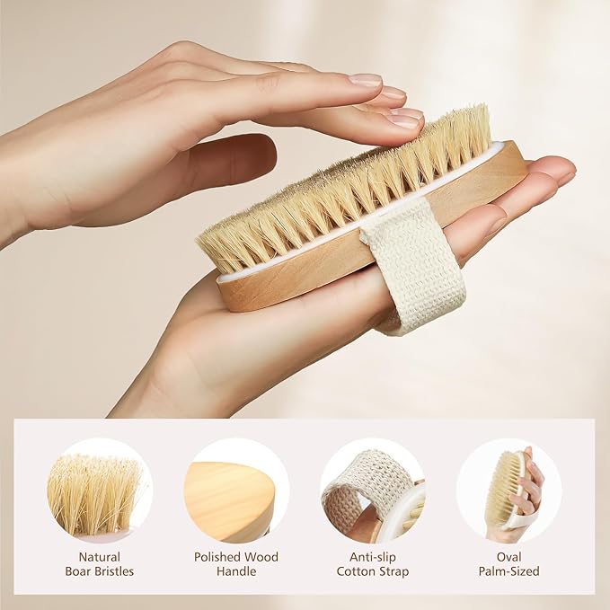 POPCHOSE Dry Brushing Body Brush, Natural Bristle Dry Skin Exfoliating Brush Body Scrub for Flawless Skin, Cellulite Reduction, Lymphatic Drainage and Blood Circulation Improvement