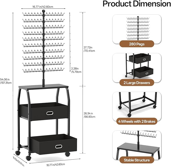 XINTUO Portable Braiding Hair Rack with Wheels & Storage Drawers,280 Pegs Hair Extension Holder Hanger for Braiding Hair Separator Stand Display,Hair Rack with Stylist Hair braiding Tools(Black)