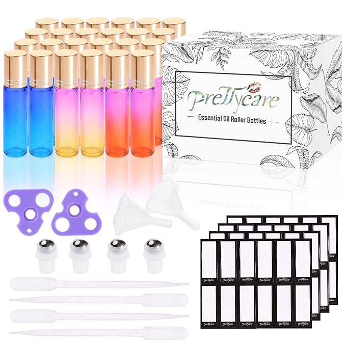 PrettyCare 24 Pack, 10 ml Essential Oil Roller Bottles with Stainless Steel Roller Ball - Refillable Leak-proof Empty Thick Rainbow Glass Roll on Bottles with Metal Caps for Travel, Perfume