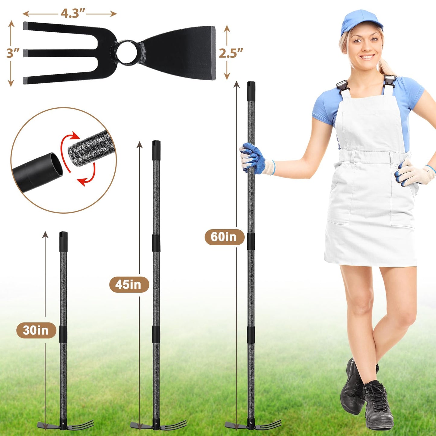 COCONUT Hoe Garden Tool, 60 Inch Garden Hoe Long Handle for Weeding, Hoe Cultivator 2 in 1 Hand Garden Tools for Gardening Planting