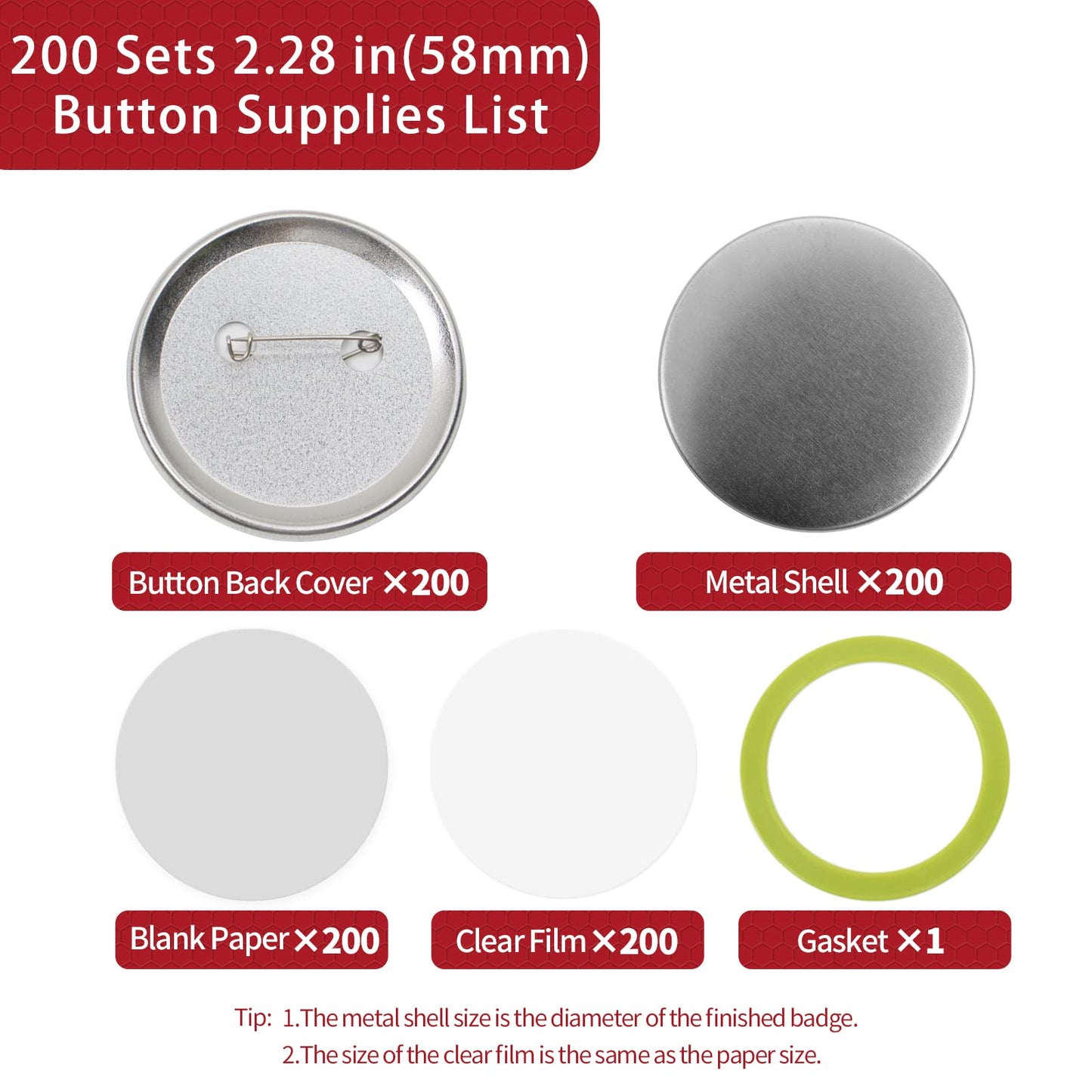 Onemorello 200 Sets Button Maker Supplies, 58mm / 2.28 inch Button Supplies Buttons Parts, (Approx. 2.25 inch) Metal Blank Badge Parts with Blank Paper for Buttons Maker Machine Pin Maker Press