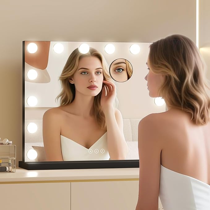 Vanity Mirror with Lights Lighted Makeup Mirror with Dimmable LED Bulbs,3 Color Lighting Modes,USB Charging Port Touch Control,Sturdy Metal Frame Design,Black (50x40cm, 4.70)