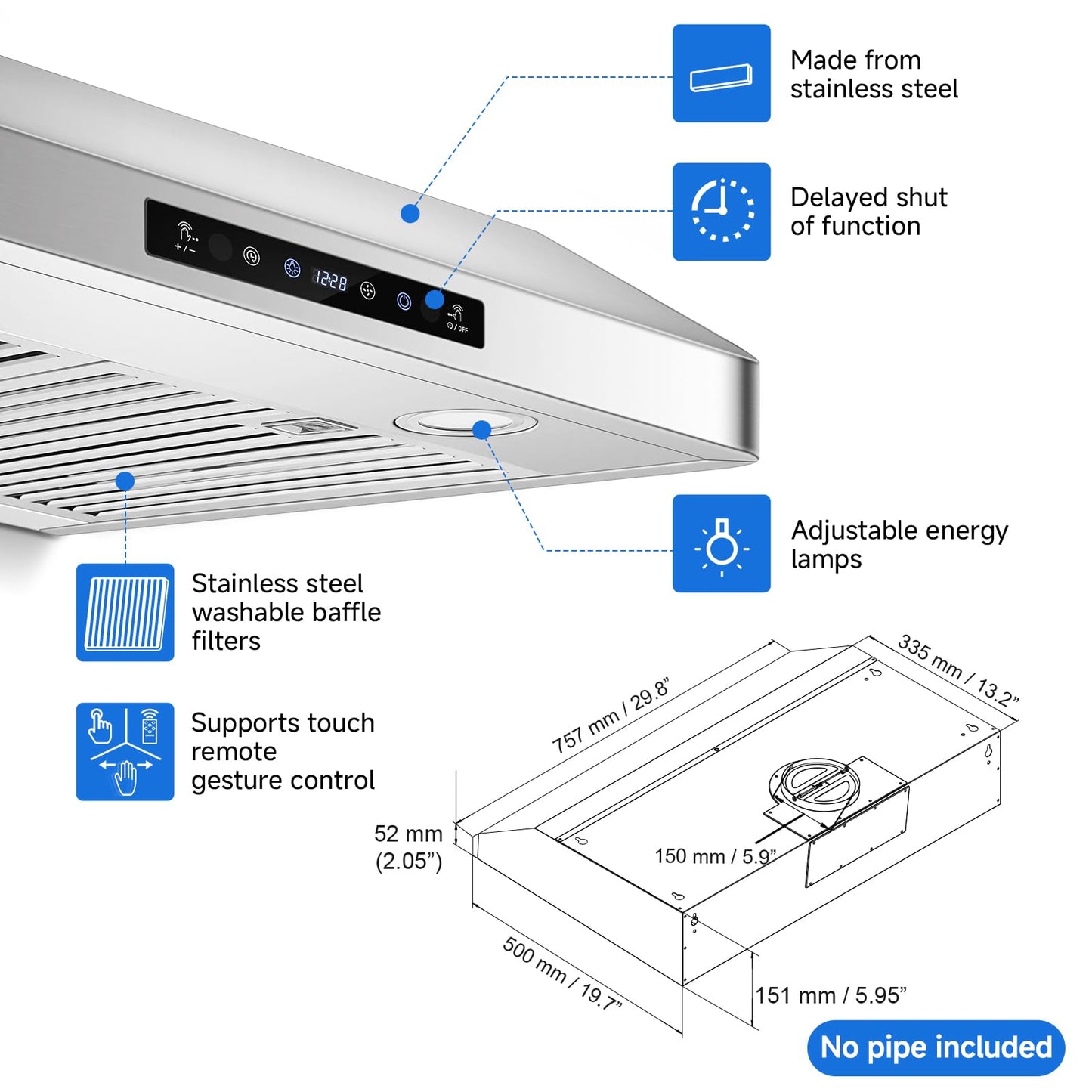 AMZCHEF 30" Under Cabinet Range Hood with Dual Fans System-1050CFM Ultra-Powerful Ventilation,3 Speed Stainless Steel Kitchen Hood with Touch/Remote/Gesture Control, Timer & LED Lights, Baffle Filters