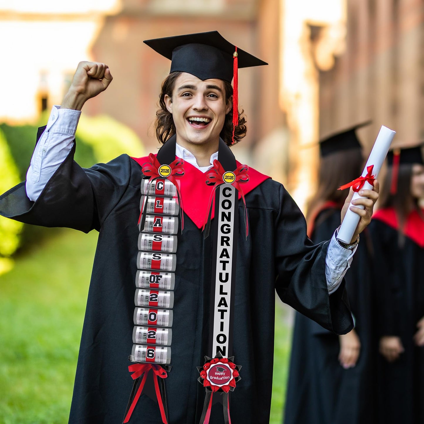 Lyrow Graduation Money Lei Class of 2026 Ribbon Lei Gift Graduation Cash Gifts Pull Ideas for High School College Party Supplies(Red and Black,Classic)
