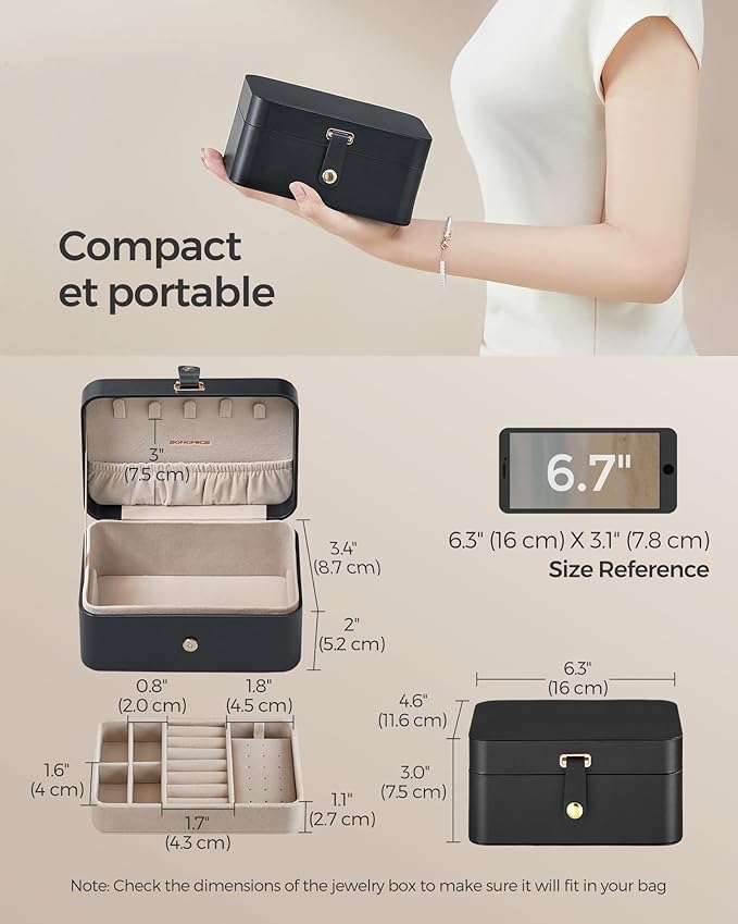 SONGMICS Jewelry Organizer Box, Travel Jewelry Case, 2-Layer Travel Case for Earrings, Necklaces, Bracelets - Portable Jewelry Storage with Large Capacity, Gift Idea, Ink Black UJBC166B01