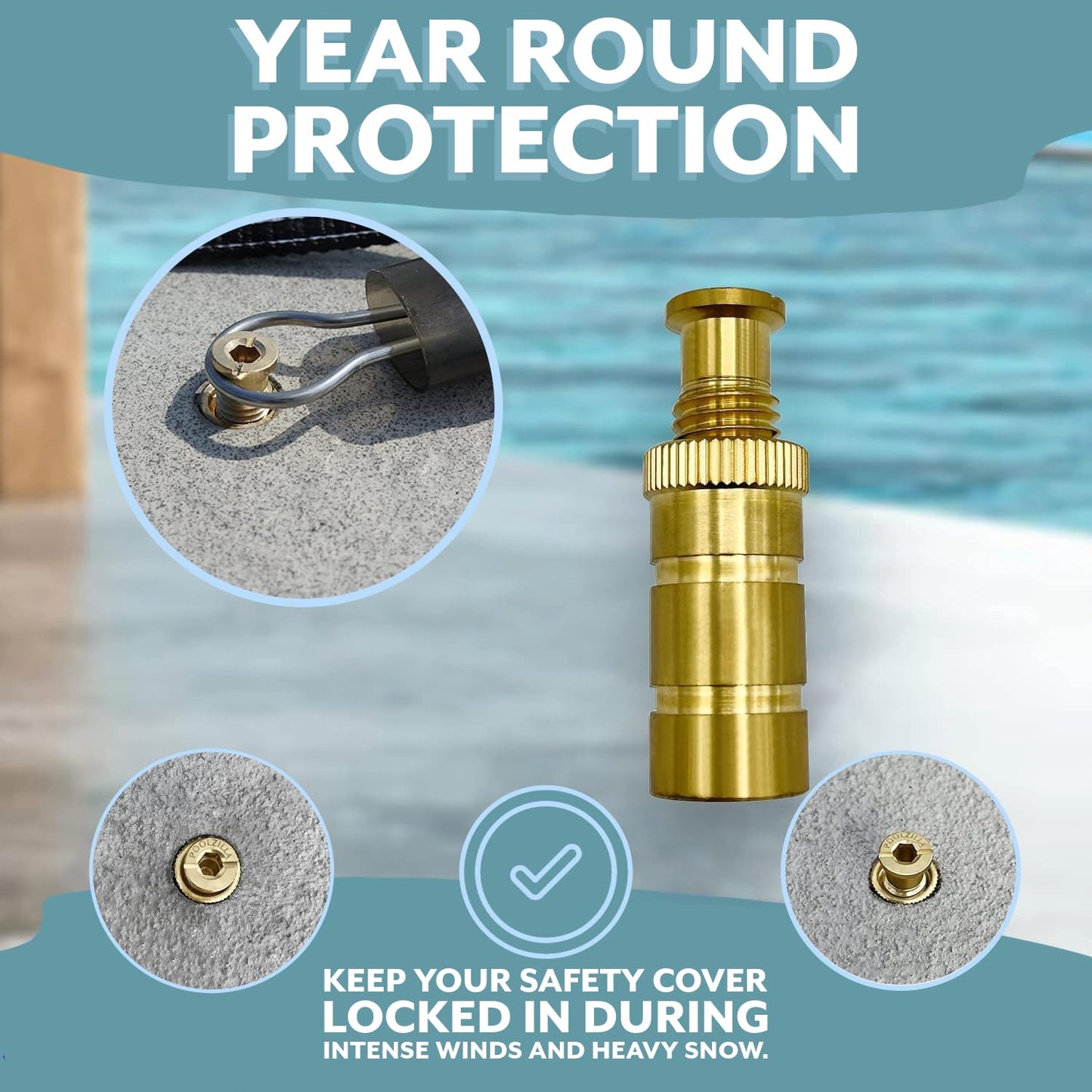 Poolzilla Pool Safety Cover Brass Anchors for Concrete and Pavers - 5 Pack - Universal Fit