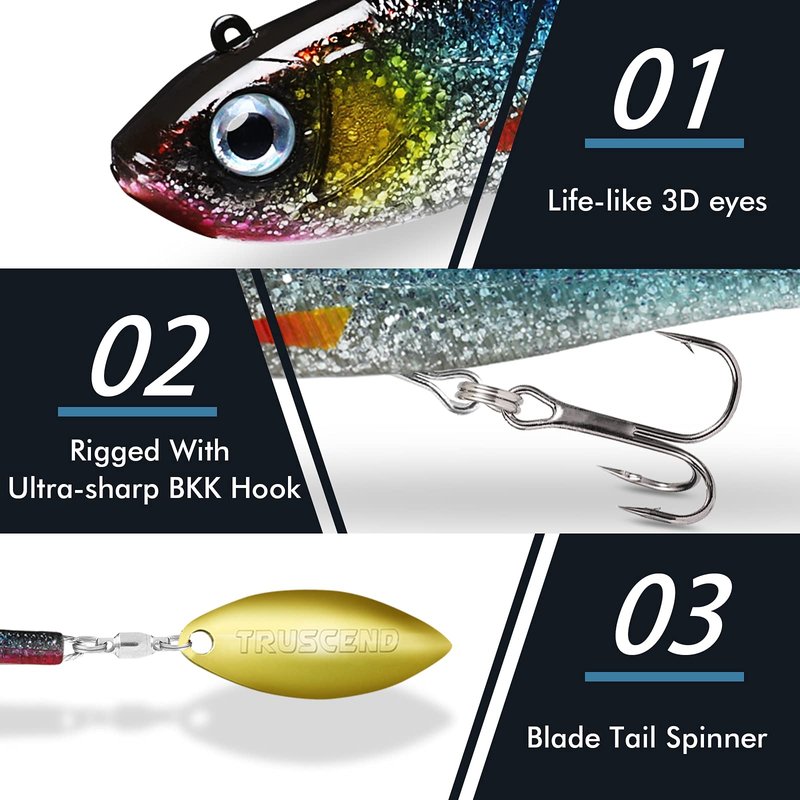 TRUSCEND Pre-Rigged Jig Head Soft Fishing Lures, Paddle Tail Swimbaits for Bass Fishing, Shad or Tadpole Lure with Spinner, Premium Fishing Bait for Saltwater Freshwater, Trout Crappie Fishing