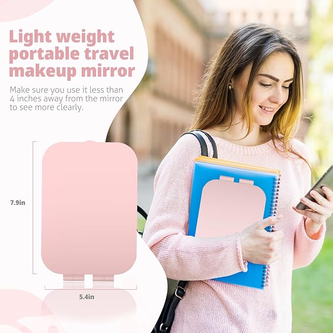 Travel Makeup Mirror, Portable Mirror with 3 Adjustable Light Settings, USB-Rechargeable Vanity Mirror with Lights，Gift for Women and Girls (Pink)