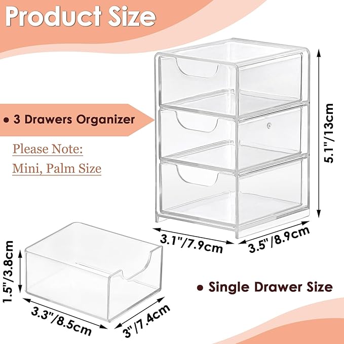 BTSKY 1 Pack Small Acrylic Storage Organizer with Drawers, 3-Layer Clear Desktop Organizer for Office Supplies Mini Storage Box with Drawers for Desk, Desktop Makeup Drawer Jewelry Storage Box