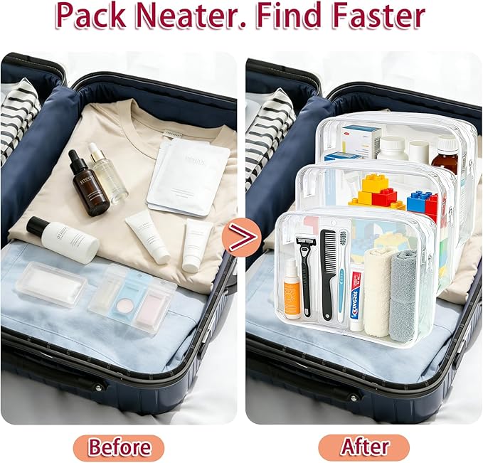6 Pcs Large Clear Makeup Bags, TSA Approved Toiletry Bags for Travel, Waterproof Clear Pouches with Zipper, Plastic PVC Cosmetic Organizer Case for Women Men Vacation Bathroom Essentials (White Large)