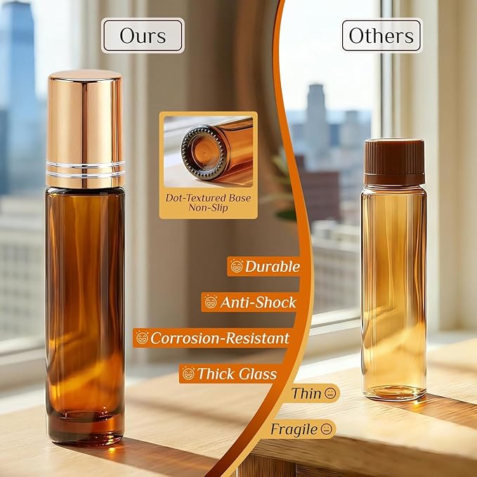 PrettyCare 60 Pack, 10 ml Essential Oil Roller Bottles with Stainless Steel Roller Ball - Bulk Refillable Leak-proof Empty Thick Amber Glass Roll on Bottles with Metal Caps for Travel, Perfume