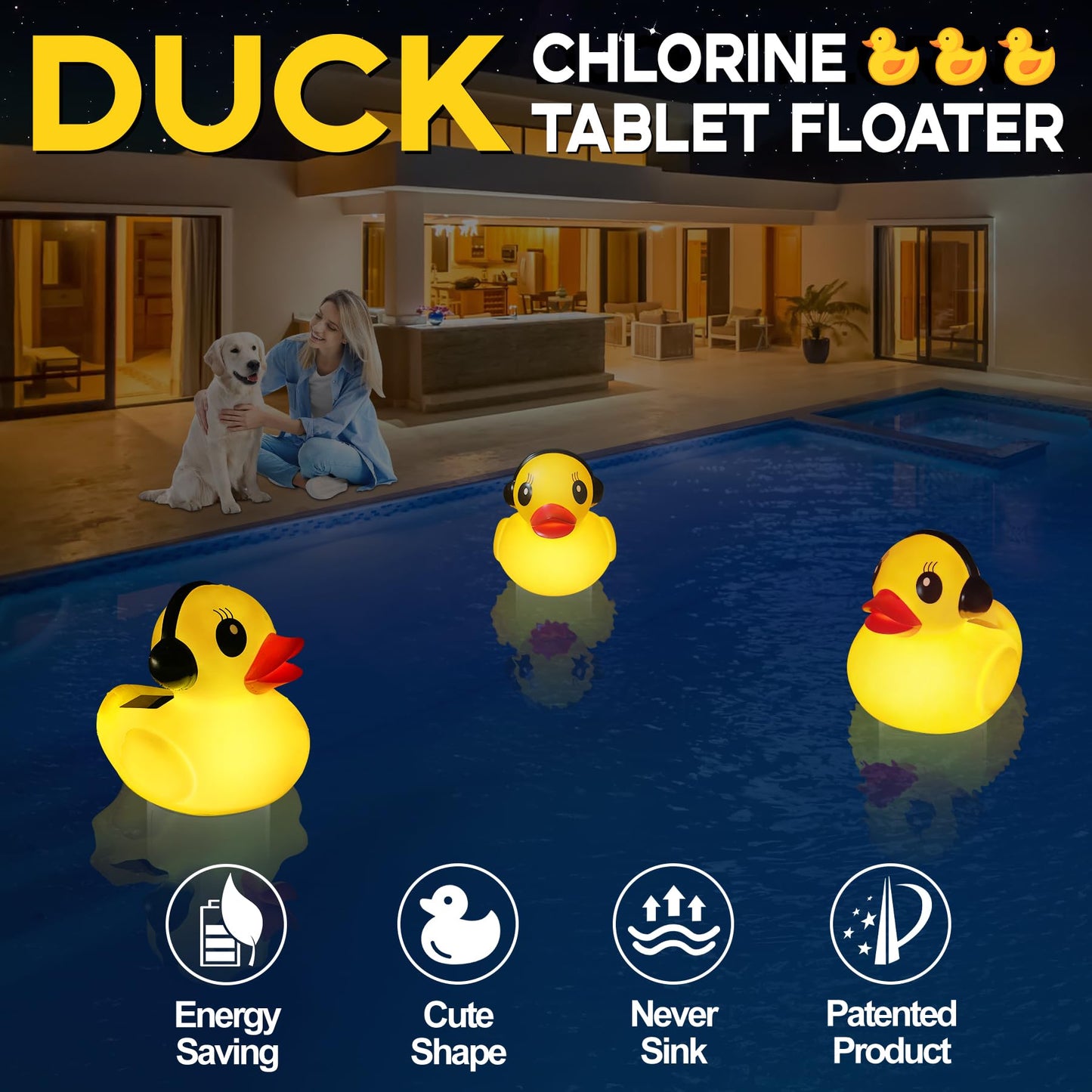 Pool Chlorine Floater with Light,Duck Chlorines Floaters with Adjustable Flow,Solar Chlorine Floater,Floating chlorines Dispenser for Pool,Hot Tub chlorines Floaters, Yellow