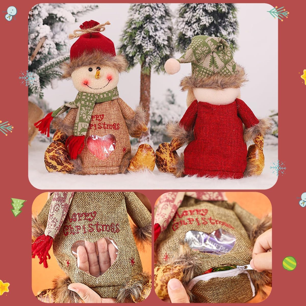 Penetratea/Penetrates/Frontaley Christmas Gift Bags Zipper Design, 2025 New Chritmas Eva Santa Snowman Snowflake Deer Shaped Apple Candy Bags, Large Space Zipper Design for Candy and Gift (6pcs-All)