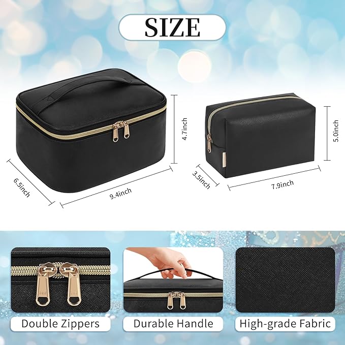 OCHEAL Makeup Bag Set, Portable Travel Makeup Bags Cosmetic Organizer Bag for Women Cute Floral Cosmetic Pouch Large Capacity Make up Bag PU Leather Toiletry Bags with Divider and Handle-Black