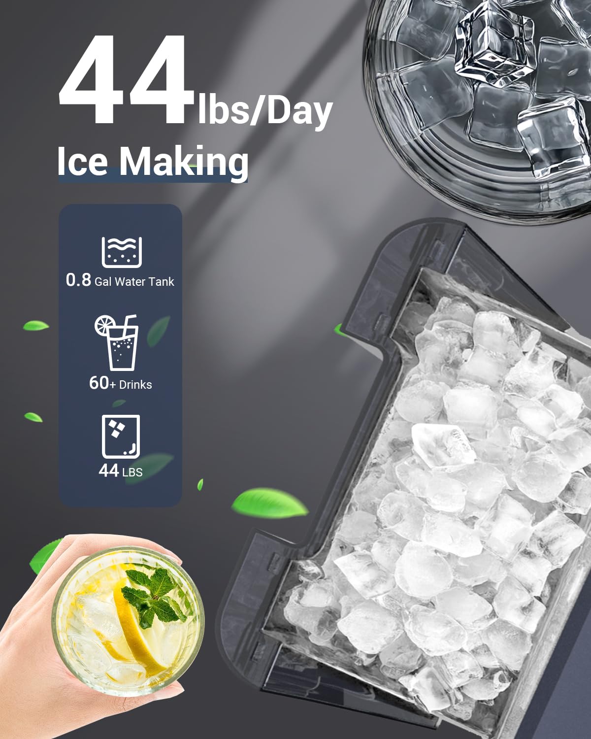44 lbs/Day Nugget Ice Maker Countertop, Pebble Ice Machine with 0.8 Gal Water Tank 6-10 Mins Fast Ice Making for Home, Camping, Kitchen, RV (Silver)