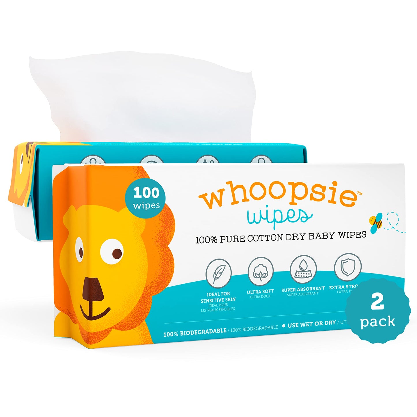 Whoopsie Wipes – The Original 100% Pure Cotton Dry Baby Wipes – Ultra Soft, Unscented, Chemical-Free Wipes for Sensitive Skin – Use Dry or Add Water for Wet Wipes – 2 Packs (200 Count).