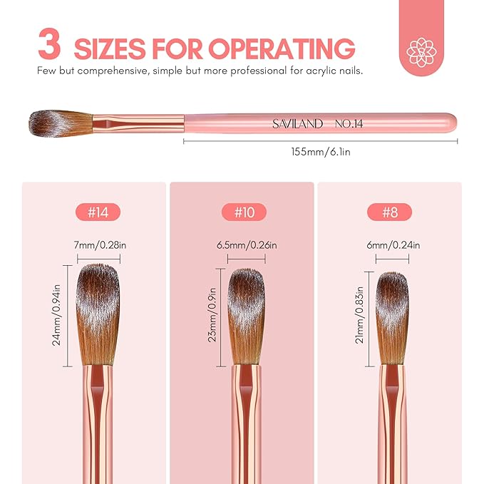 SAVILAND 3PCS Acrylic Nail Brush Set: Size 8/10/14 Kolinsky Acrylic Nail Brushes for Application, Pink Handle Professional Acrylics Powder Brushes for Nails Extension & 3D Nails Carving