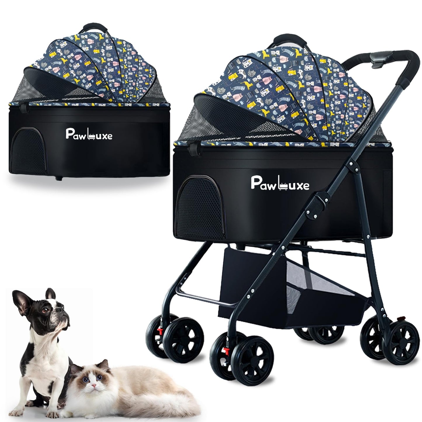 PawLuxe 4 Wheels Pet Stroller 4 in 1 Pet Stroller with Detachable Carrier for Small & Medium Dogs Cats up to 55 lbs Easy-Folding Travel Dog Wagon with Car Seat Breathable Mesh,Blue Cartoon
