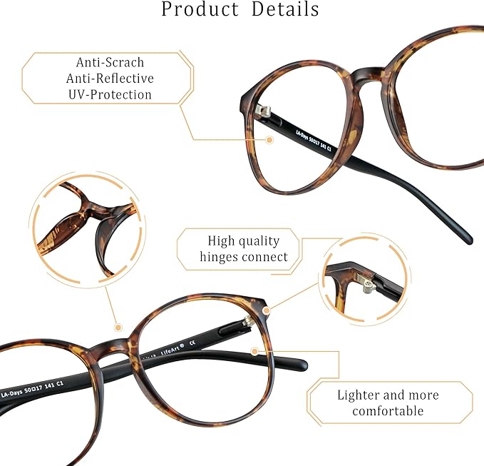 LifeArt Round Blue Light Blocking Glasses, Computer Glasses, Gaming Glasses, TV Glasses for Women Men (Tortoise, 5.00 Magnification)