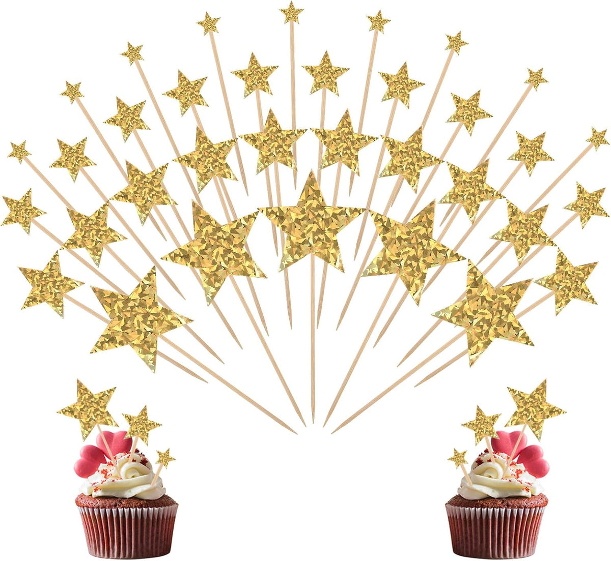 35pcs Gold Star Cupcake Toppers Glitter Star Cake Toppers Twinkle Cupcake Picks Baby Shower Cake Decorations For Wedding Engagement Bridal Shower Birthday Party Supplies Mixed Size