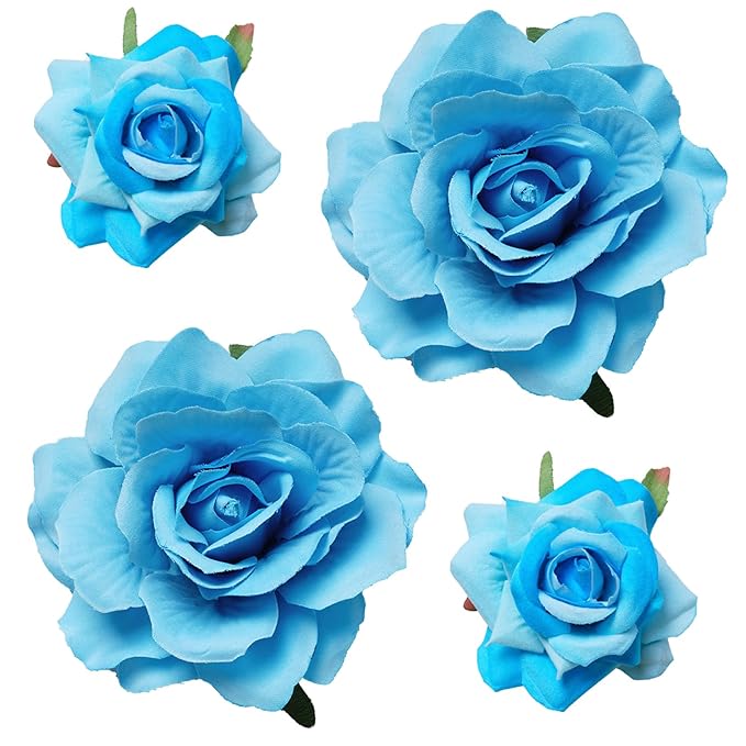 Rose Hair Clip Flower Hairpin Brooch Floral Clips, 4 Pcs Fabric Rose Flowers Hair Clips Mexican Hair Flowers Pin up Headpieces for Woman Girl Wedding Party Mother's Day (Light Blue)